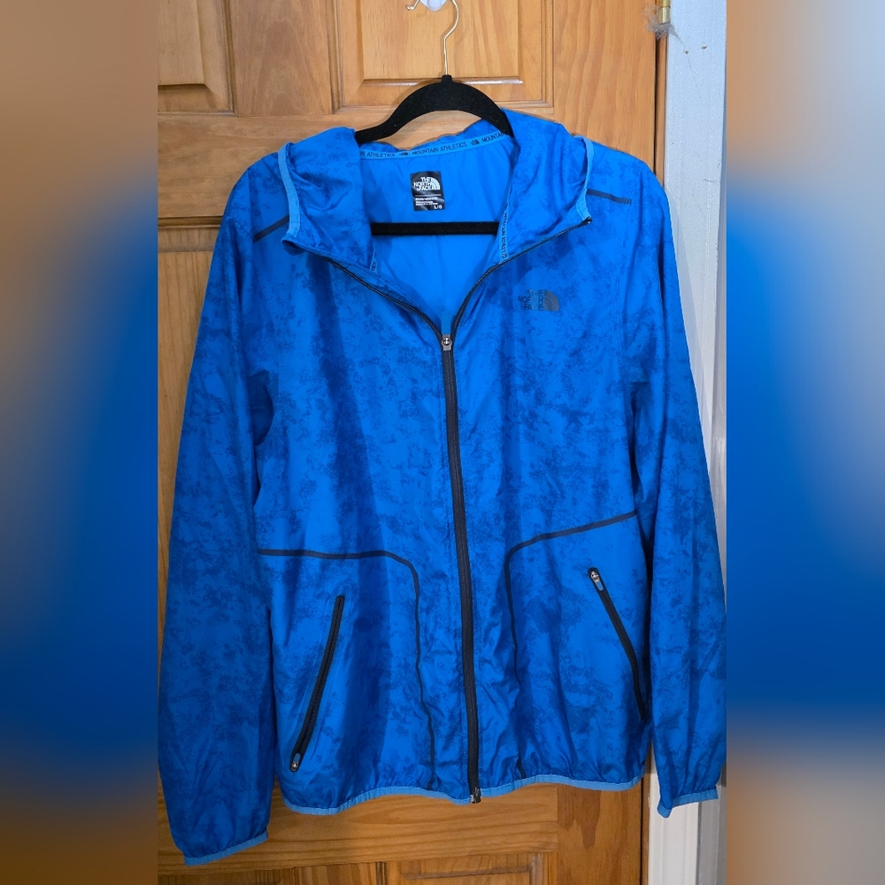 The North Face Mountain Athletics Mens Blue Camo Zip Windbreaker Hooded Jacket L